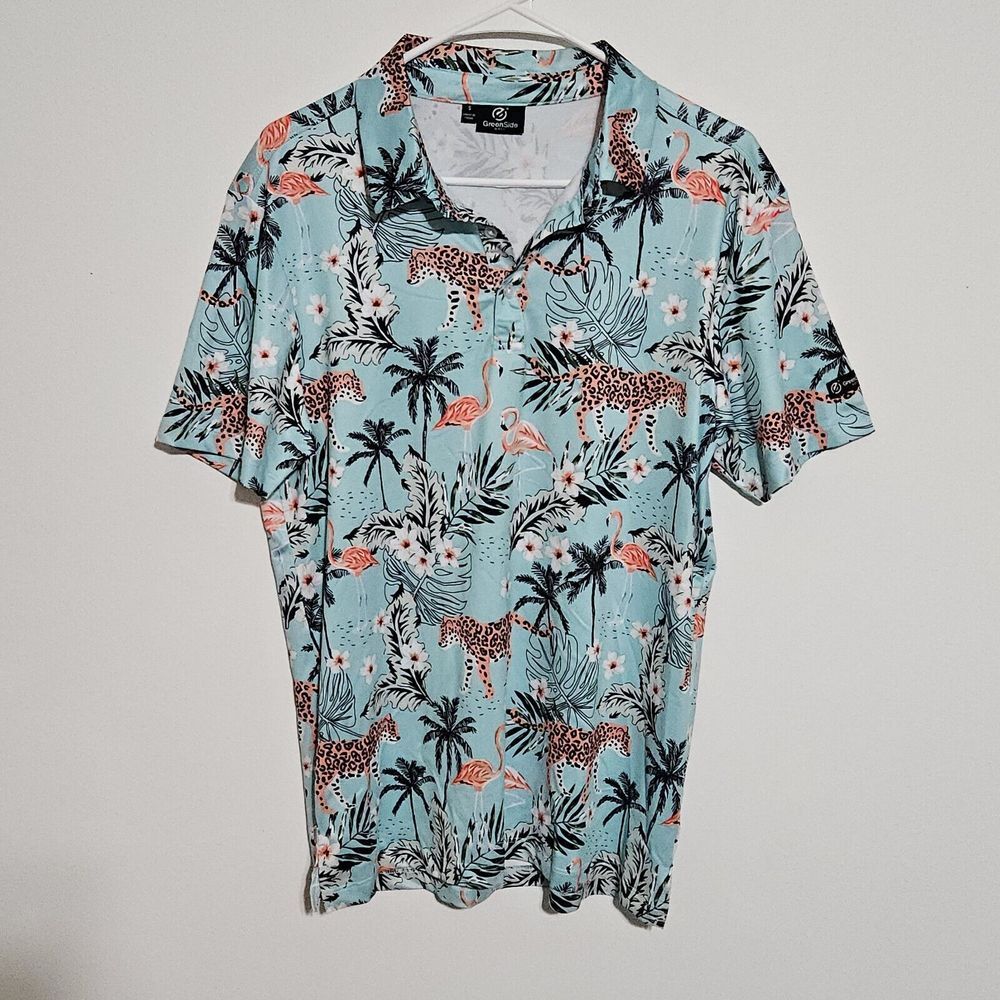 Greenside Golf Polo Mens Sz S Performance Cheetah Flamingo Palm Tree Vibrant Fun